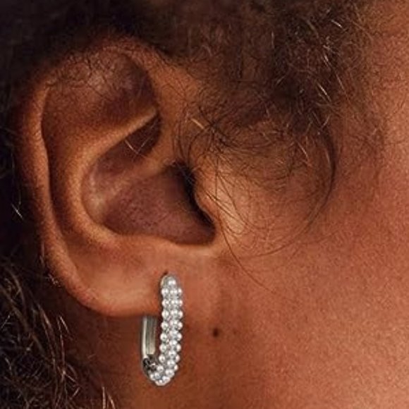 Silver w/ Pearl Rectangle Hoops Rectangular Pretty Hoop Earrings Pave Pearls New - Picture 3 of 9